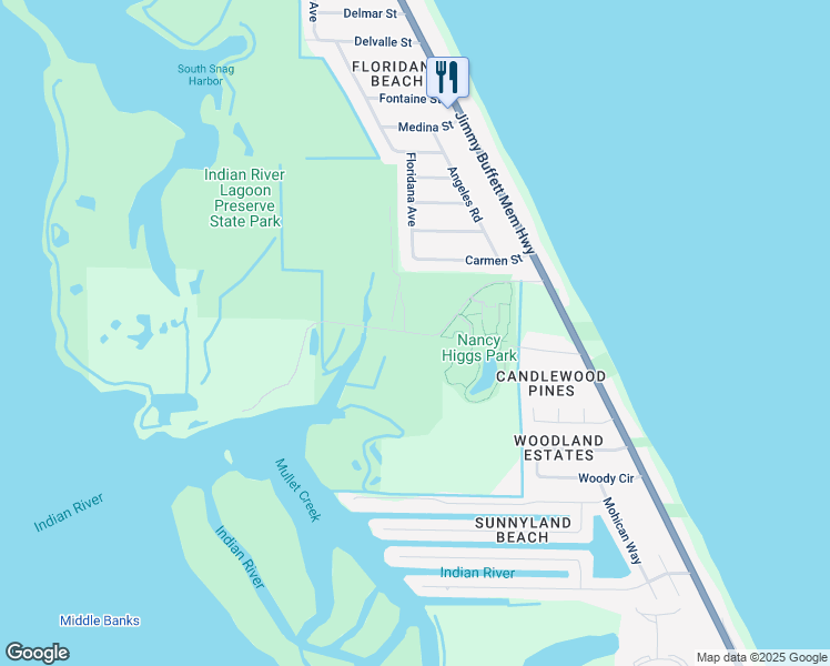 map of restaurants, bars, coffee shops, grocery stores, and more near Old Florida Trail in Melbourne Beach