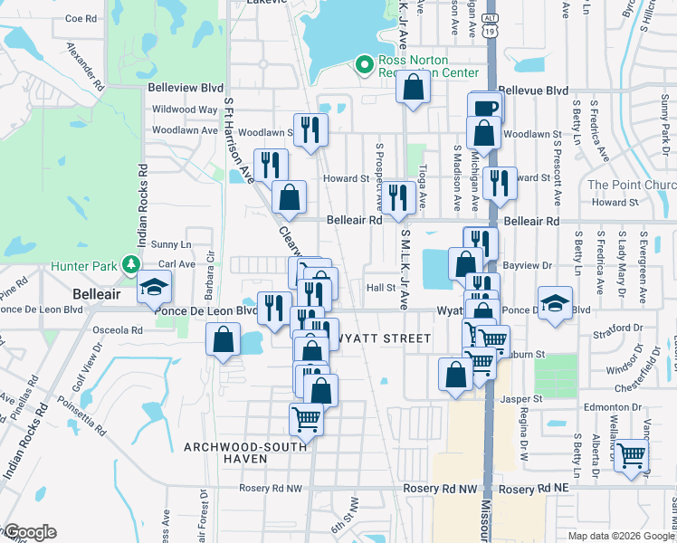 map of restaurants, bars, coffee shops, grocery stores, and more near 1646 Tilley Avenue in Clearwater
