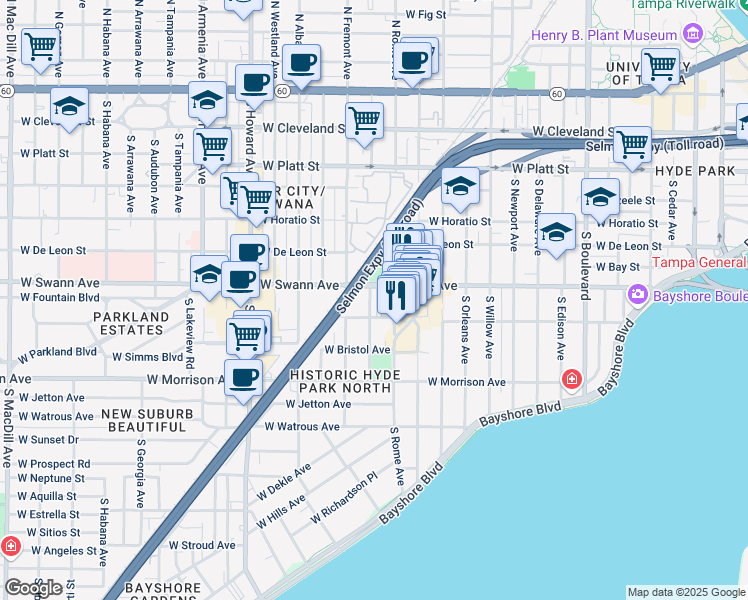 map of restaurants, bars, coffee shops, grocery stores, and more near 1799 West Swann Avenue in Tampa