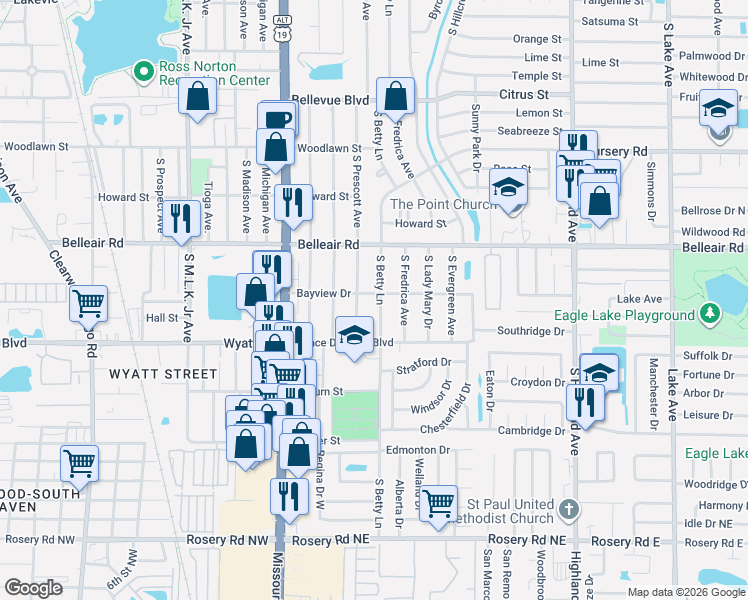 map of restaurants, bars, coffee shops, grocery stores, and more near 1630 South Betty Lane in Clearwater