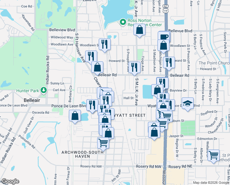 map of restaurants, bars, coffee shops, grocery stores, and more near 1646 Tilley Avenue in Clearwater