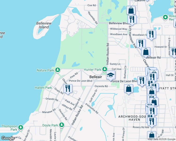 map of restaurants, bars, coffee shops, grocery stores, and more near 703 Bayview Drive in Belleair