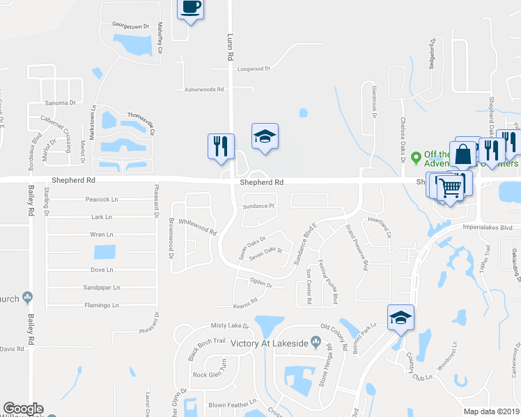 map of restaurants, bars, coffee shops, grocery stores, and more near 2717 Sundance Place in Mulberry