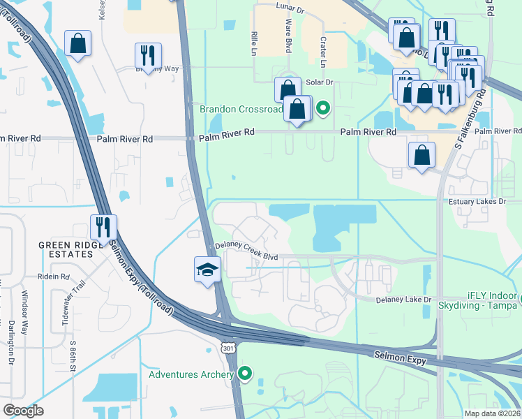 map of restaurants, bars, coffee shops, grocery stores, and more near 9301 Crescent Loop Circle in Tampa
