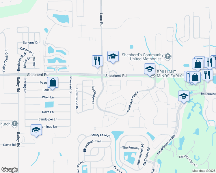 map of restaurants, bars, coffee shops, grocery stores, and more near 2706 Sundance Circle in Mulberry