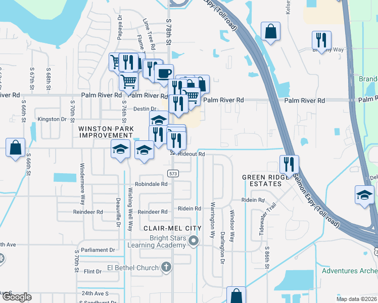 map of restaurants, bars, coffee shops, grocery stores, and more near 1133 Eau Claire Circle in Tampa