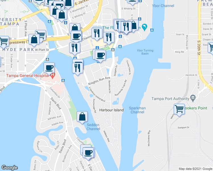 map of restaurants, bars, coffee shops, grocery stores, and more near 501 Knights Run Avenue in Tampa