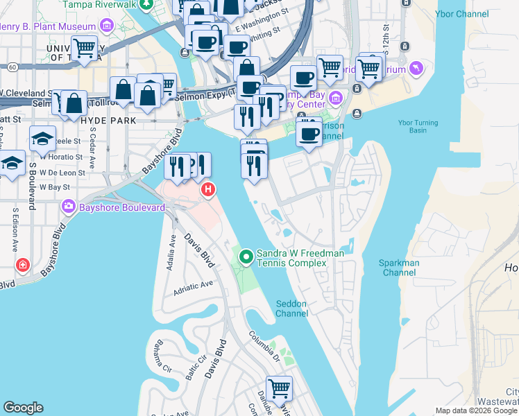 map of restaurants, bars, coffee shops, grocery stores, and more near 725 South Harbour Island Boulevard in Tampa