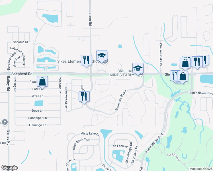map of restaurants, bars, coffee shops, grocery stores, and more near 2705 Sundance Place in Mulberry