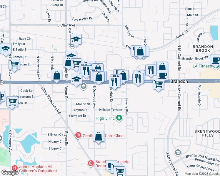 map of restaurants, bars, coffee shops, grocery stores, and more near 901 East Brandon Boulevard in Brandon