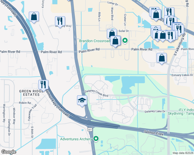 map of restaurants, bars, coffee shops, grocery stores, and more near 9304 Crescent Loop Circle in Tampa