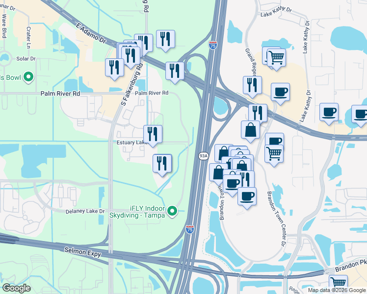 map of restaurants, bars, coffee shops, grocery stores, and more near Palm River Road in Tampa