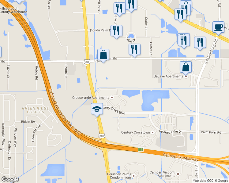 map of restaurants, bars, coffee shops, grocery stores, and more near 9304 Crescent Loop Circle in Tampa