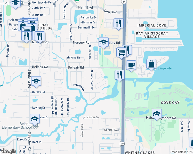 map of restaurants, bars, coffee shops, grocery stores, and more near 1624 Summerdale Drive in Clearwater