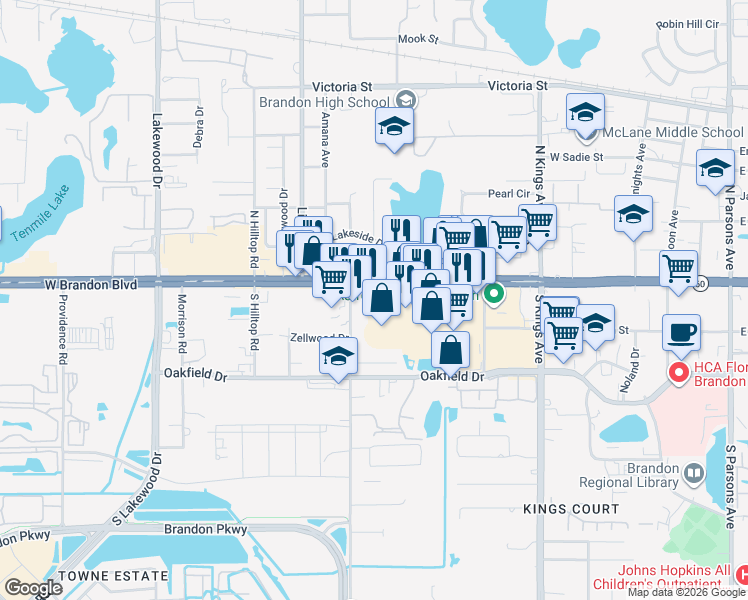 map of restaurants, bars, coffee shops, grocery stores, and more near 1201-1209 West Brandon Boulevard in Brandon