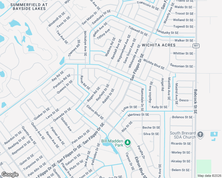 map of restaurants, bars, coffee shops, grocery stores, and more near 1276 Rayfield Street Southeast in Palm Bay