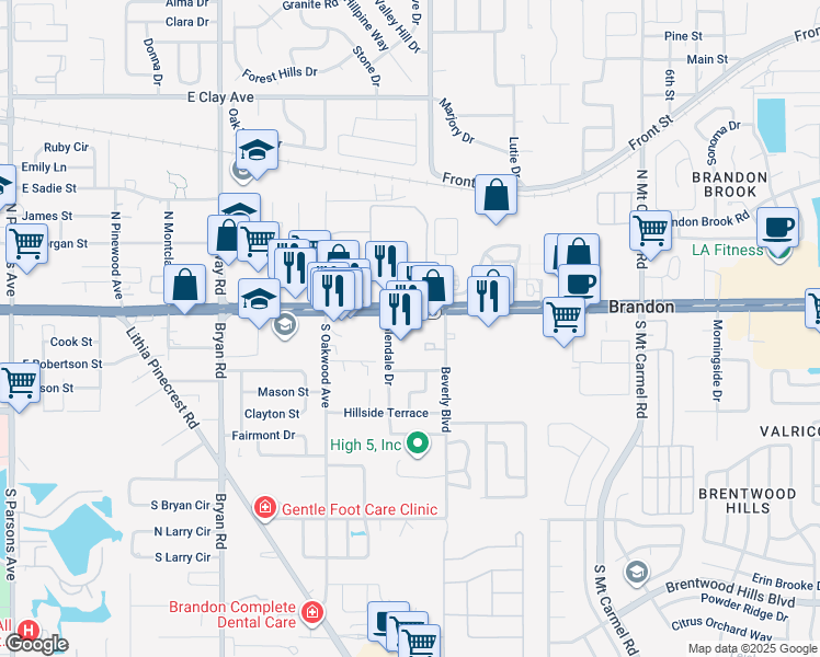 map of restaurants, bars, coffee shops, grocery stores, and more near 901 East Brandon Boulevard in Brandon