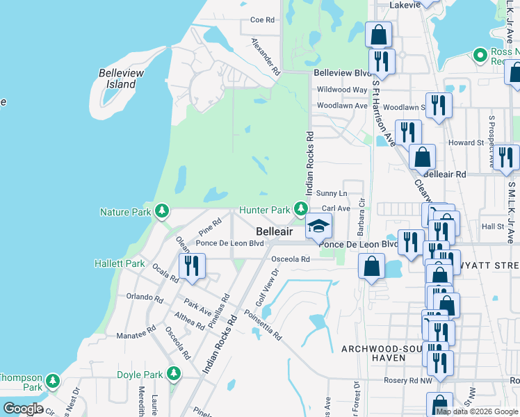 map of restaurants, bars, coffee shops, grocery stores, and more near 703 Bayview Drive in Belleair