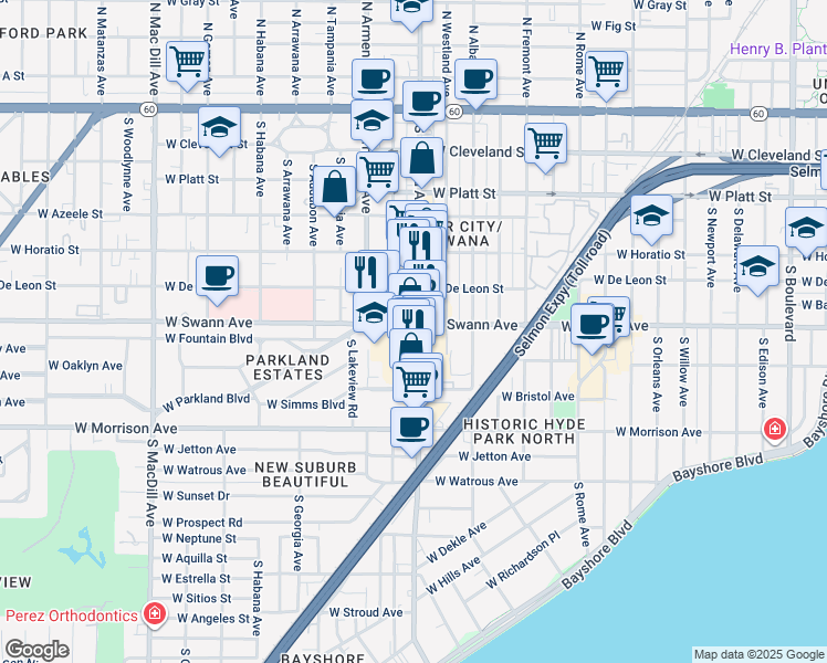 map of restaurants, bars, coffee shops, grocery stores, and more near 611 South Howard Avenue in Tampa