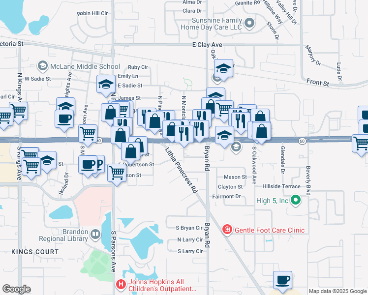 map of restaurants, bars, coffee shops, grocery stores, and more near South Montclair Avenue in Brandon