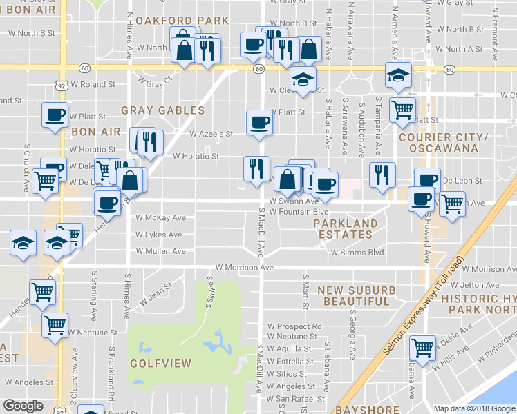 map of restaurants, bars, coffee shops, grocery stores, and more near 3101 West Fountain Boulevard in Tampa