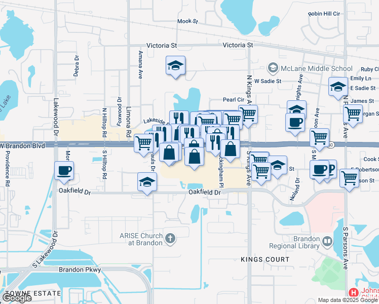 map of restaurants, bars, coffee shops, grocery stores, and more near 1015 West Brandon Boulevard in Brandon