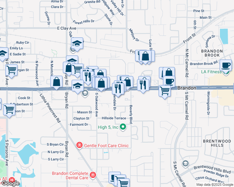 map of restaurants, bars, coffee shops, grocery stores, and more near 901 East Brandon Boulevard in Brandon