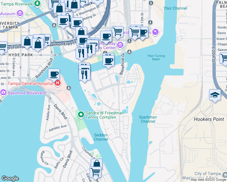 map of restaurants, bars, coffee shops, grocery stores, and more near 501 Knights Run Avenue in Tampa