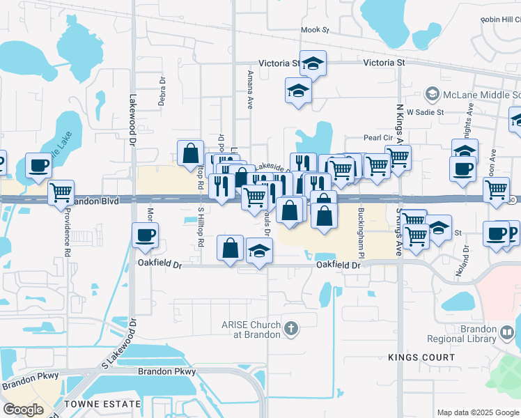 map of restaurants, bars, coffee shops, grocery stores, and more near 1227 West Brandon Boulevard in Brandon