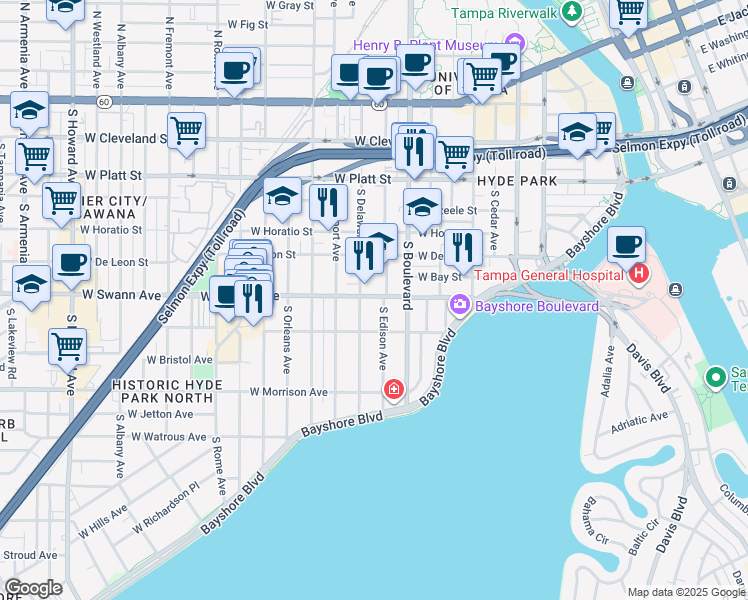 map of restaurants, bars, coffee shops, grocery stores, and more near 1004 West Swann Avenue in Tampa