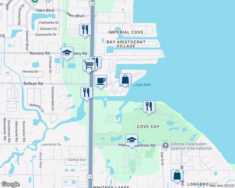 map of restaurants, bars, coffee shops, grocery stores, and more near 2724 Via Murano in Clearwater
