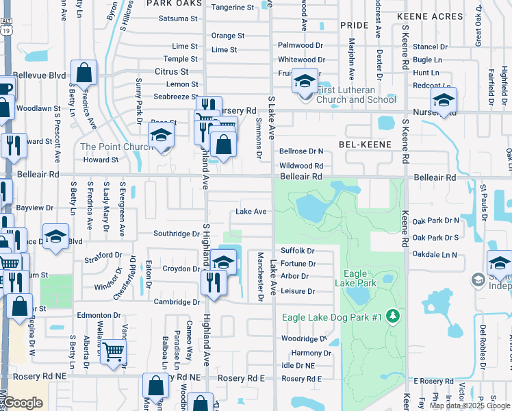 map of restaurants, bars, coffee shops, grocery stores, and more near 1621 Lake Avenue in Clearwater