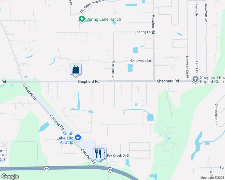 map of restaurants, bars, coffee shops, grocery stores, and more near 5700 Albert Williams Road in Mulberry