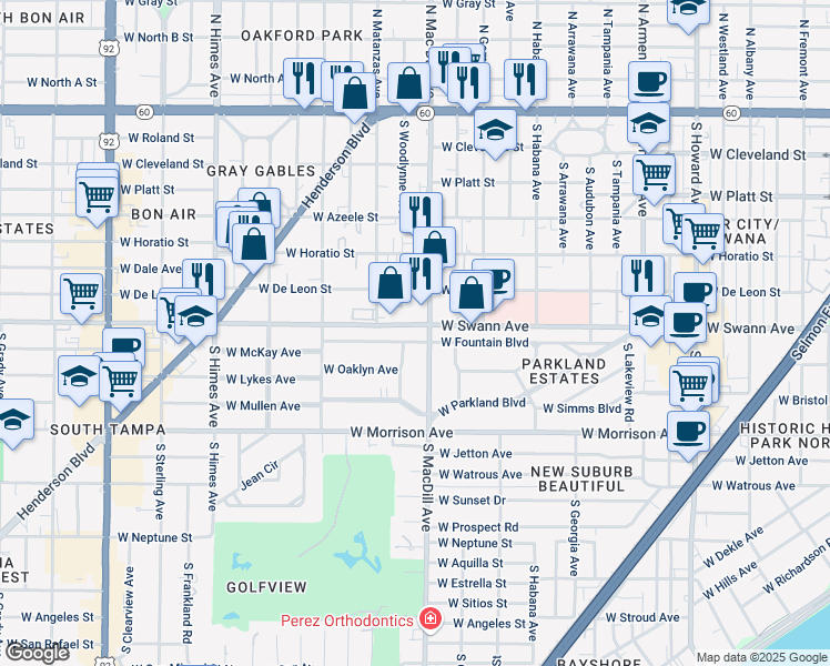 map of restaurants, bars, coffee shops, grocery stores, and more near 3107 West Fountain Boulevard in Tampa