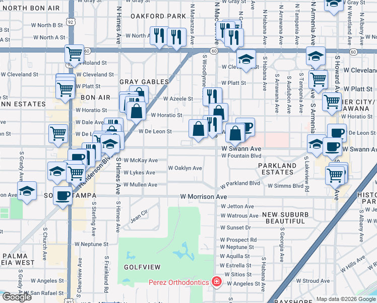 map of restaurants, bars, coffee shops, grocery stores, and more near 630 South Matanzas Avenue in Tampa