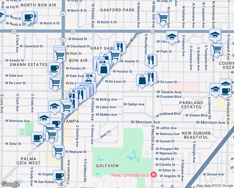 map of restaurants, bars, coffee shops, grocery stores, and more near 3310 West Swann Avenue in Tampa