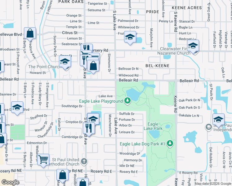 map of restaurants, bars, coffee shops, grocery stores, and more near 1621 Lake Avenue in Clearwater