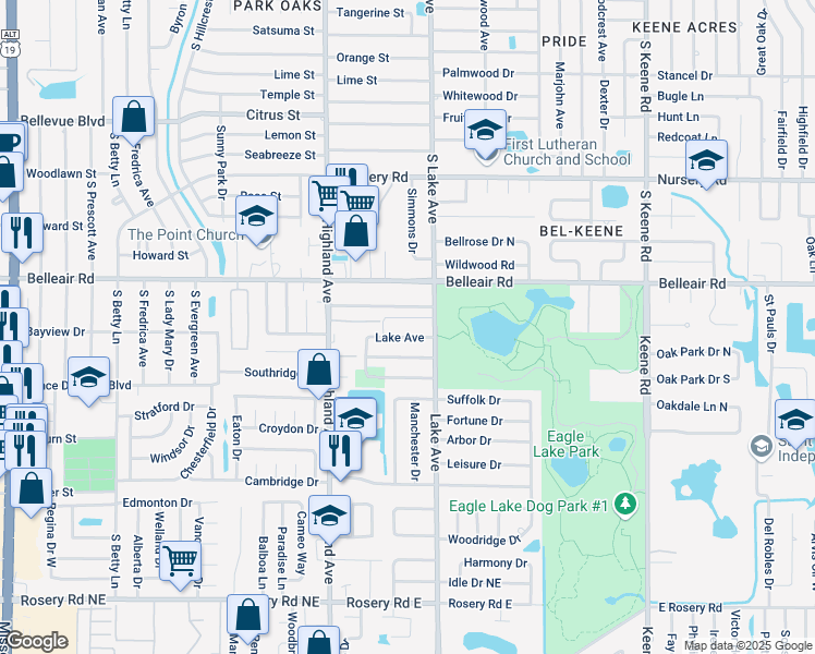 map of restaurants, bars, coffee shops, grocery stores, and more near 1621 Lake Avenue in Clearwater