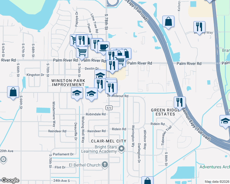 map of restaurants, bars, coffee shops, grocery stores, and more near 1133 Eau Claire Circle in Tampa