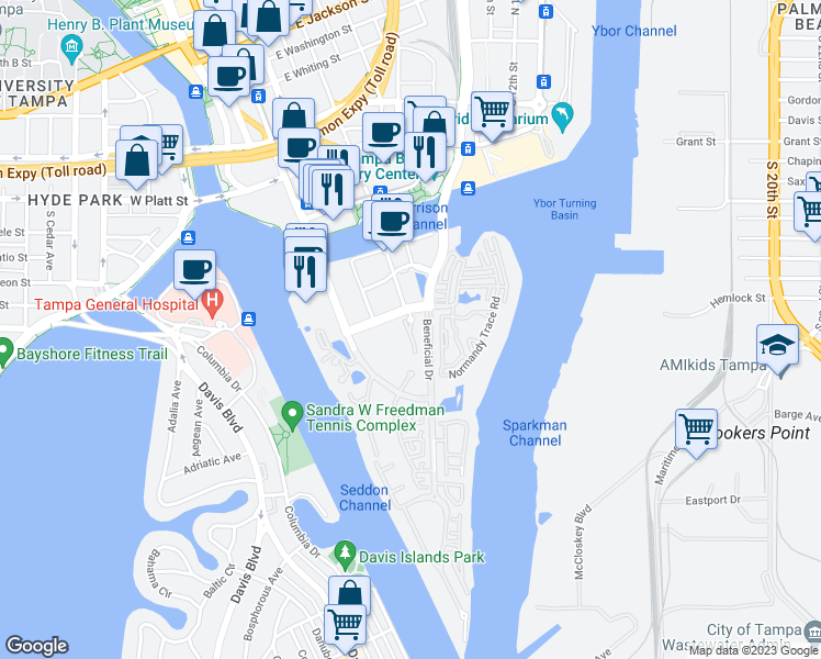 map of restaurants, bars, coffee shops, grocery stores, and more near 501 Knights Run Avenue in Tampa