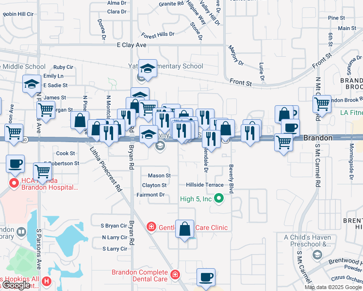 map of restaurants, bars, coffee shops, grocery stores, and more near 803 East Brandon Boulevard in Brandon