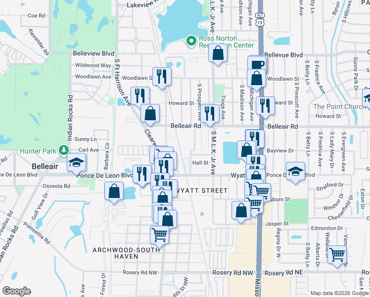 map of restaurants, bars, coffee shops, grocery stores, and more near 1646 Tilley Avenue in Clearwater