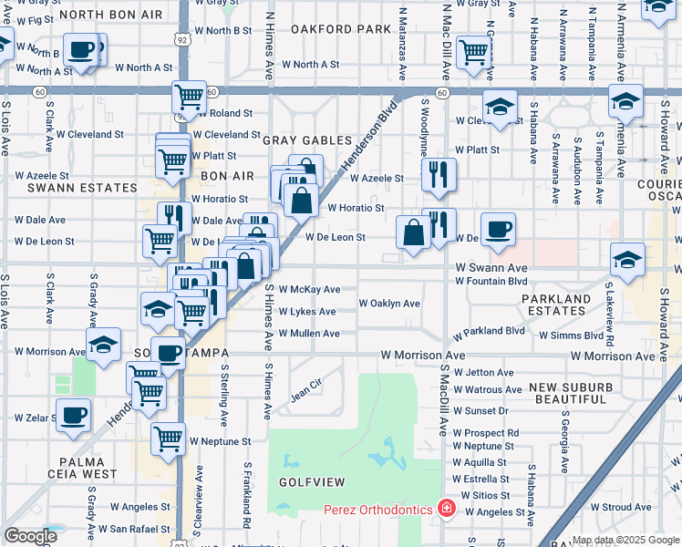 map of restaurants, bars, coffee shops, grocery stores, and more near 3310 West Swann Avenue in Tampa