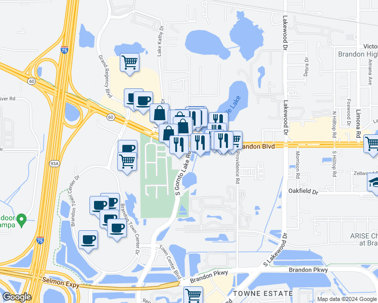 map of restaurants, bars, coffee shops, grocery stores, and more near 134 South Gornto Lake Road in Brandon