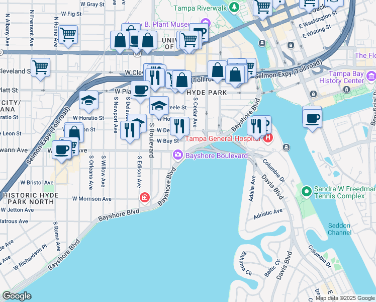 map of restaurants, bars, coffee shops, grocery stores, and more near Bayshore Blvd & W Swann Ave in Tampa