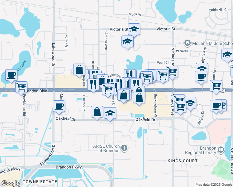 map of restaurants, bars, coffee shops, grocery stores, and more near 1227 West Brandon Boulevard in Brandon