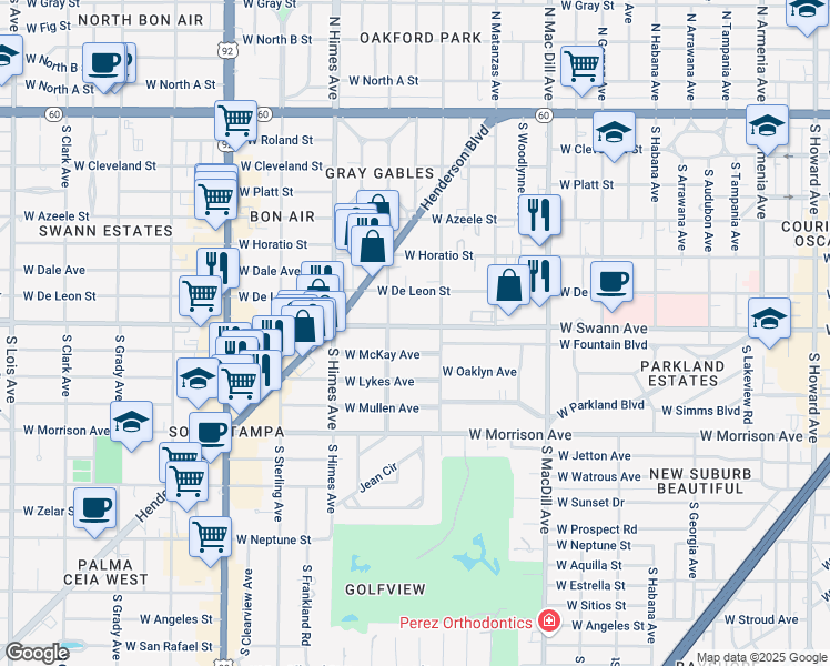 map of restaurants, bars, coffee shops, grocery stores, and more near 3310 West Swann Avenue in Tampa