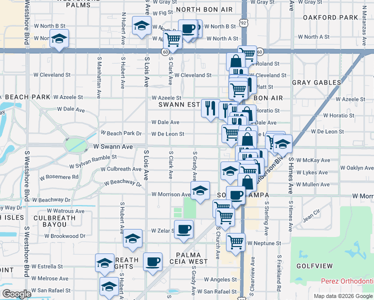 map of restaurants, bars, coffee shops, grocery stores, and more near 4004 West Swann Avenue in Tampa