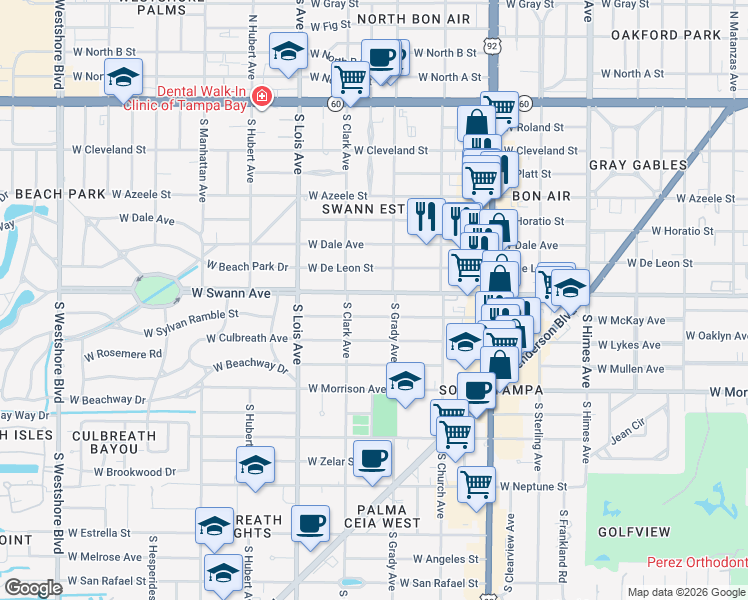 map of restaurants, bars, coffee shops, grocery stores, and more near 4004 West Swann Avenue in Tampa