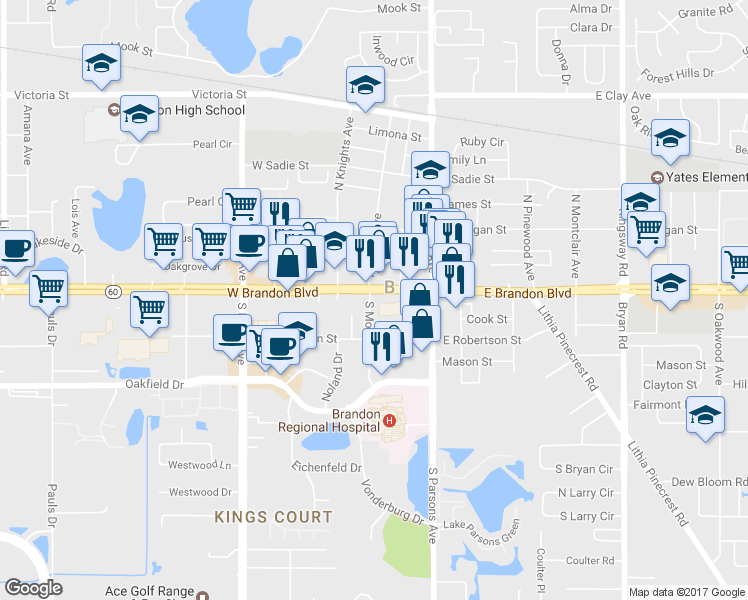map of restaurants, bars, coffee shops, grocery stores, and more near 199 South Moon Avenue in Brandon